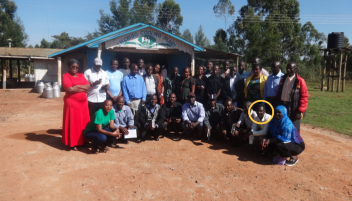  The 14 Co-operative Chairpersons and Nuru Kenya team during a learning visit at Lelchego Dairy Farmers Co-operative (Dec 2016); Mr. Rioba (highlighted) represented Rebwi Farmers Co-operative Society