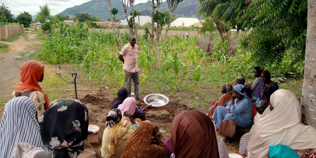 Trainer training group of farmers in Nigeria