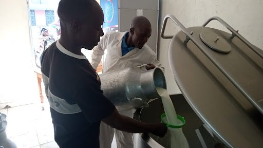 two people sieving milk together