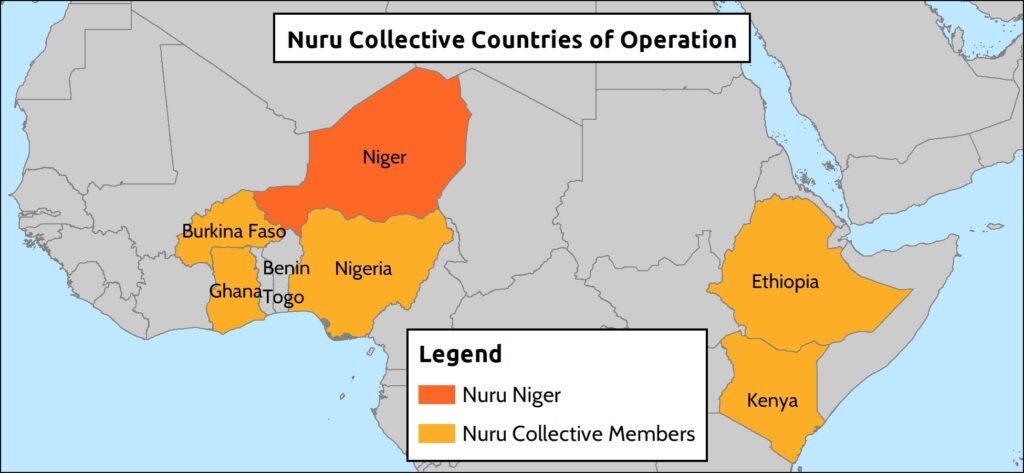 map of Africa with Nuru areas of operation highlighted by country